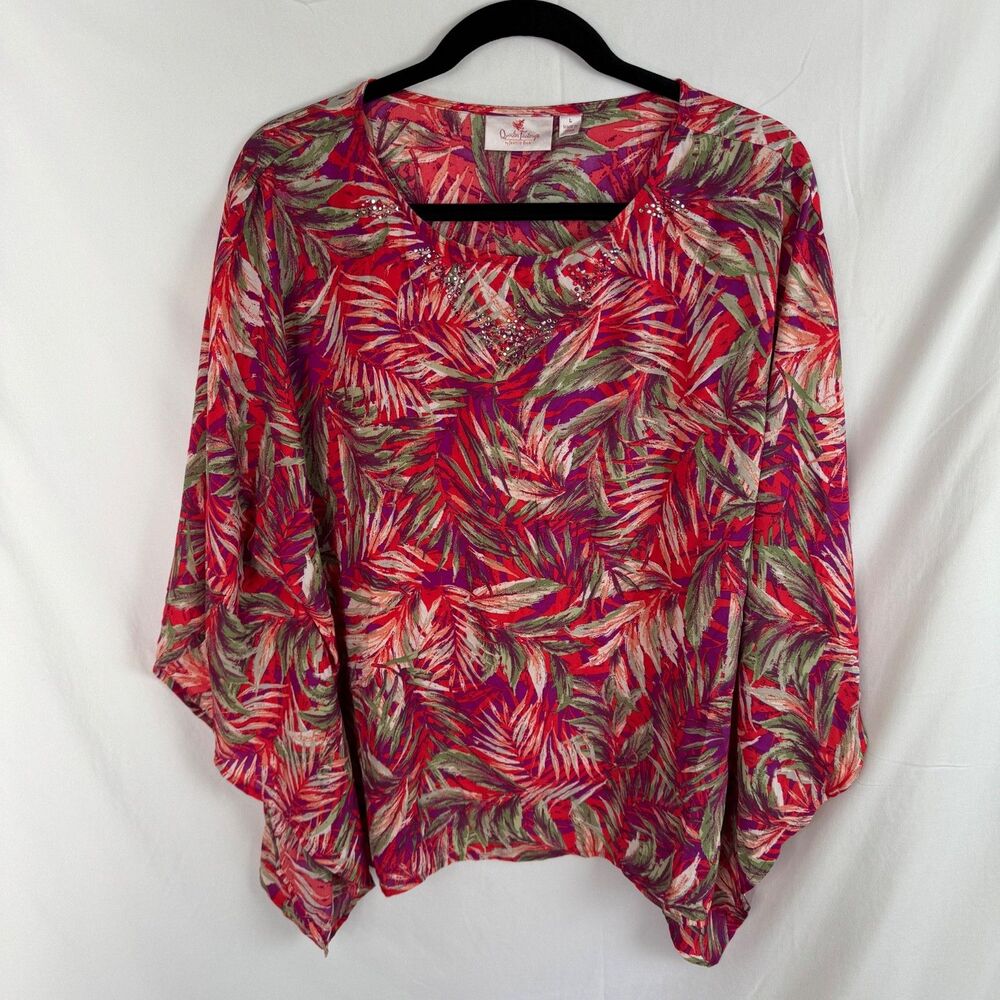 Quacker Factory Women's Blouse Top Size Large Palm Leaf Print Batwing Sleeves
